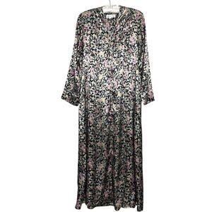 Vintage Christian Dior Satin Floral House Dress Long Robe Zip Top Pockets S/M